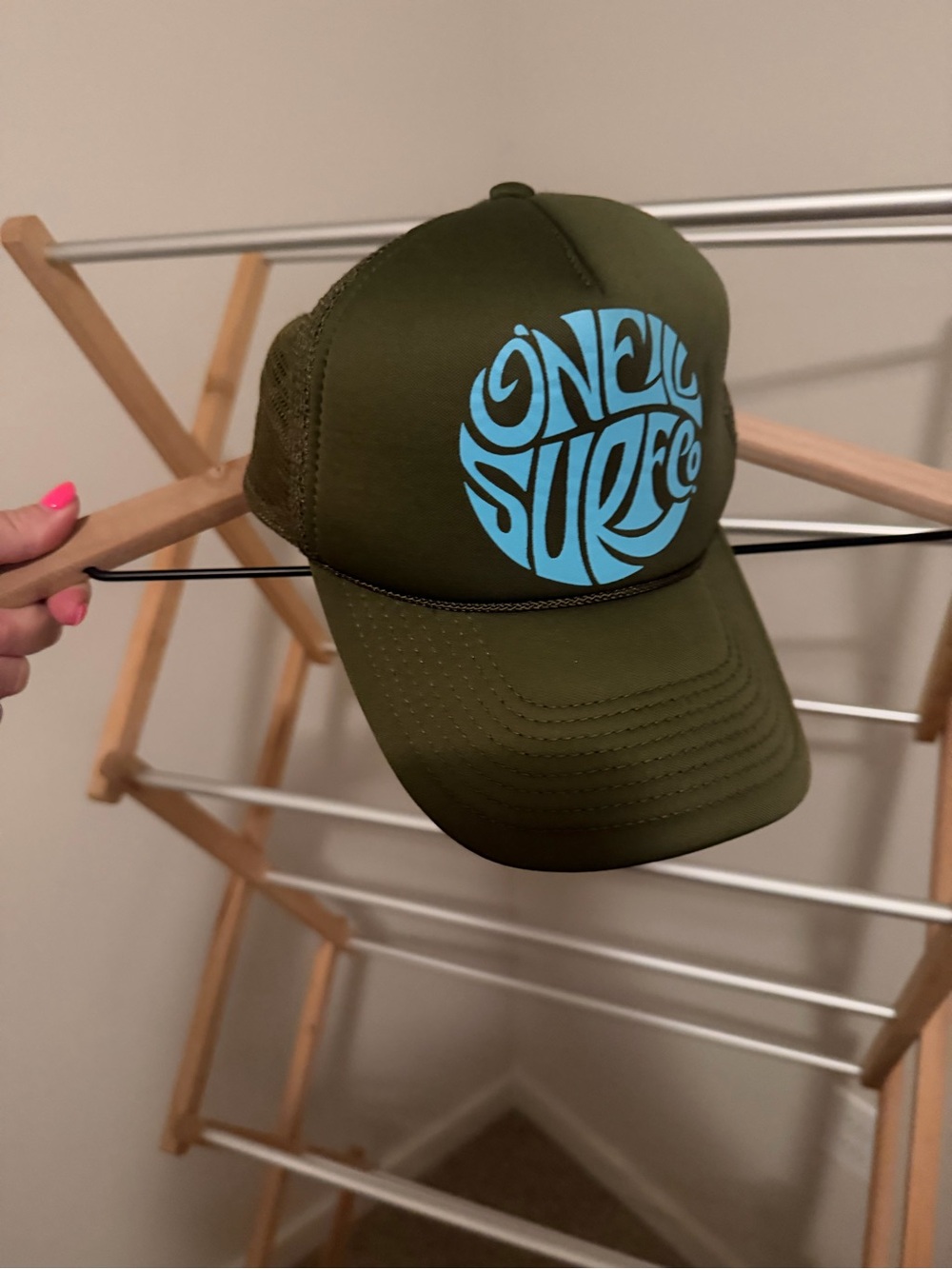O'Neill Olive Green Trucker Hat with Bright Blue Surf Graphic